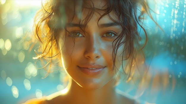 A woman with curly hair and a sun ray background