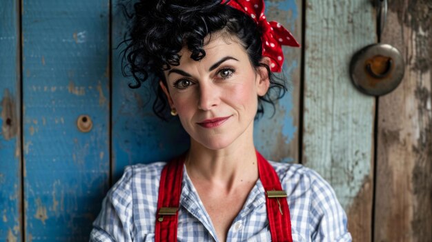 Foto una donna con i capelli ricci e le bretelle appoggiate a un muro di legno