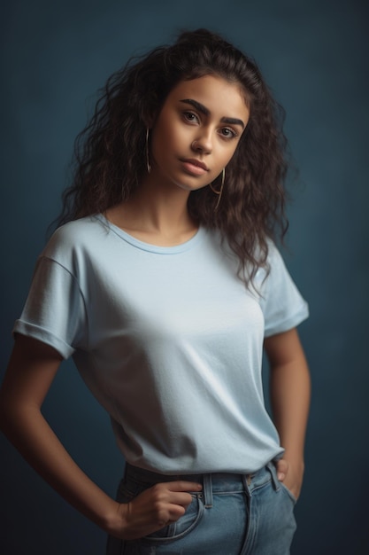 A woman with curly hair wearing a blue shirt and jeans stands against a dark blue background.