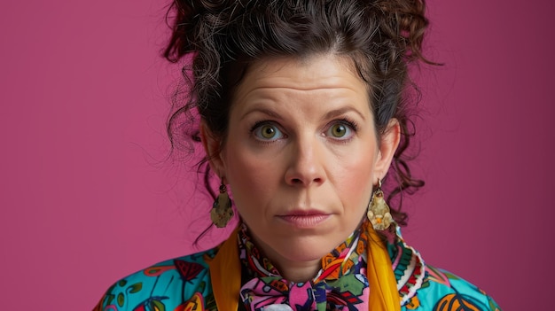 A woman with curly hair wearing a colorful shirt