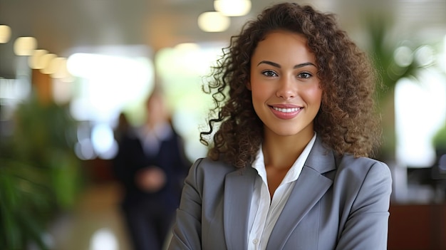 a woman with curly hair wearing a grey suit