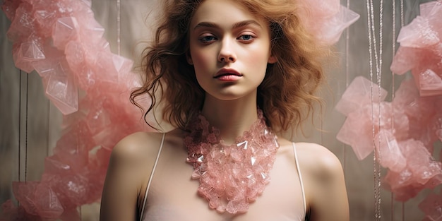 a woman with curly hair wearing a pink necklace