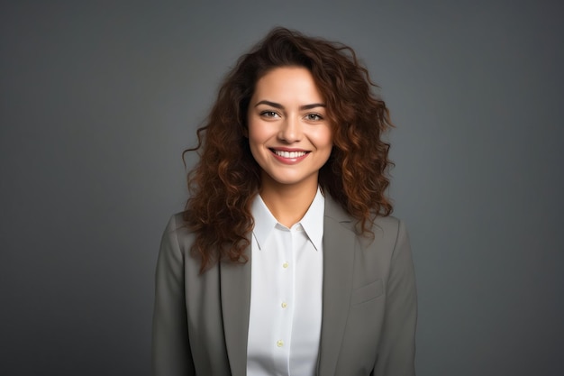 Woman with curly hair wearing suit and smiling Generative AI