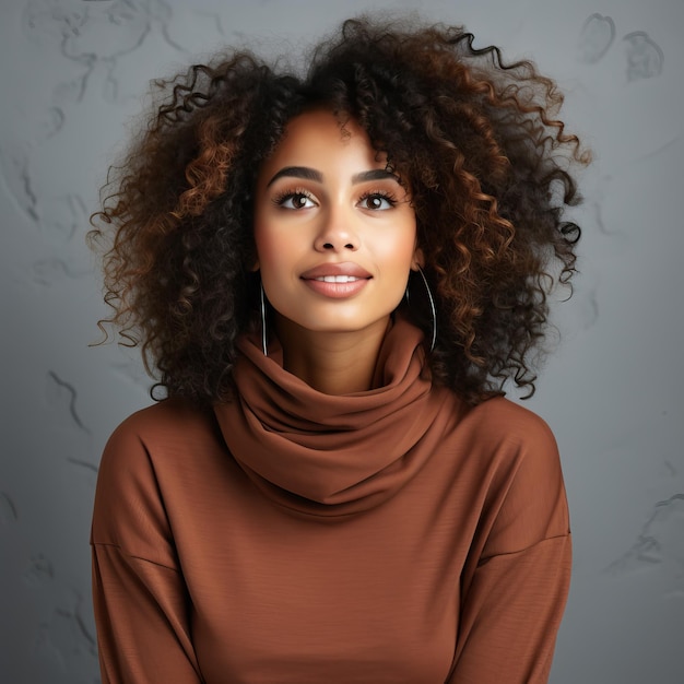 a woman with curly hair wearing a sweater with the word quot i love quot on it