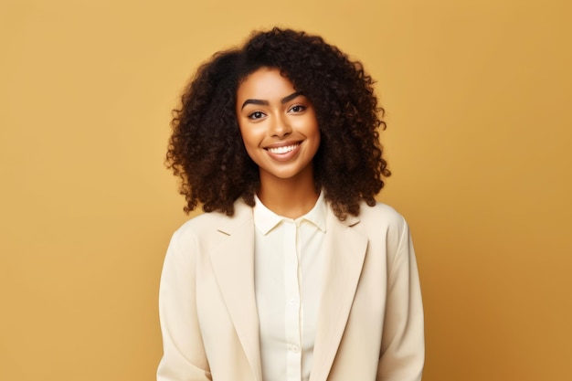 Woman with curly hair wearing white shirt and beige blazer Generative AI