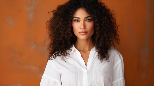 Photo a woman with curly hair and a white shirt is standing against a wall