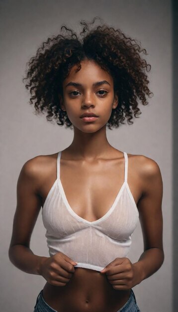 a woman with curly hair and a white tank top is standing in front of a gray wall