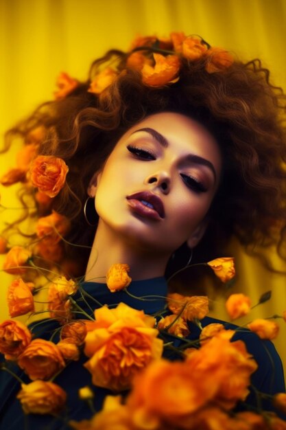 A woman with curly hair and a yellow background with flowers.