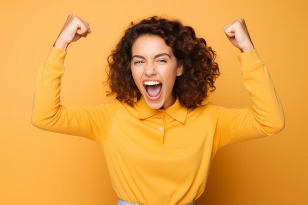 Foto una donna con i capelli ricci e una camicia gialla con la parola su di essa