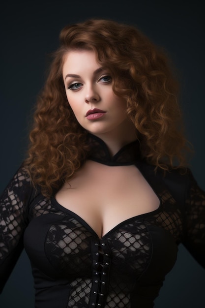 a woman with curly red hair in a black dress