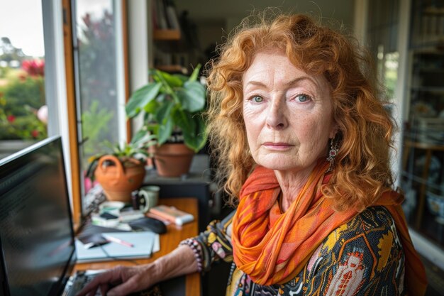 Foto una donna con i capelli rossi ricci è profondamente concentrata mentre si siede a una scrivania a lavorare al computer