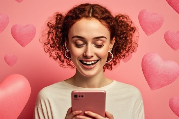 A woman with curly red hair looks at a pink lg phone with pink hearts behind her