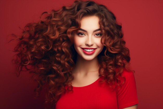 Foto una donna con i capelli rossi ricci e un vestito rosso con uno sfondo bianco