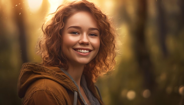 A woman with curly red hair smiles in a forest