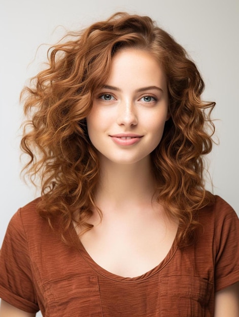 a woman with curly red hair smiling with a smile that says " smile ".