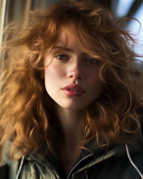 a woman with curly red hair