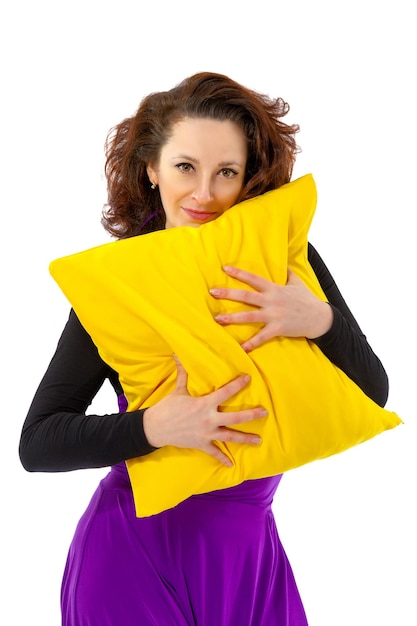 Woman with cushions on a white background