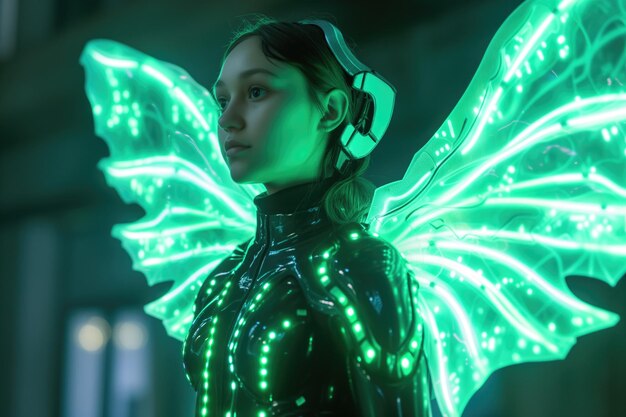 Woman with cybernetic wings that allow her to fly