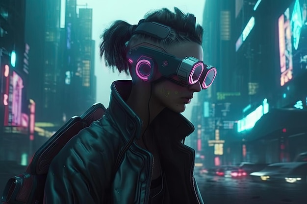 A woman with a cyberpunk look on her face stands in the middle of a city at night.