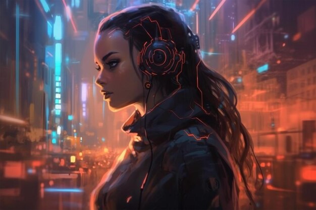 A woman with a cyberpunk style headphones in front of a neon city.