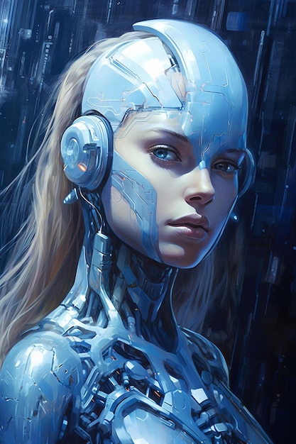 A woman with a cyborg face and a blue hair.