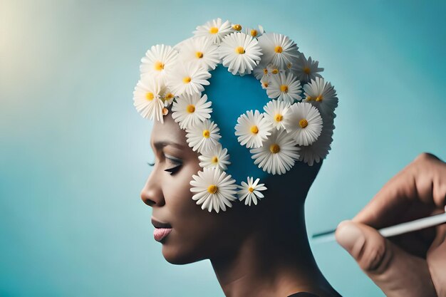 Photo a woman with daisies on her head is creating a face of a woman with a tattoo of the word peace.