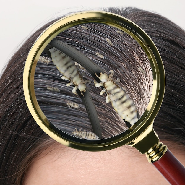 Woman with dandruff in her dark hair on light background closeup view Space for text