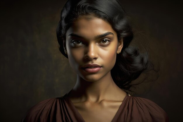 A woman with a dark background and a brown dress