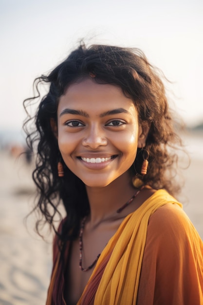 A woman with dark curly hair smiles at the camera.