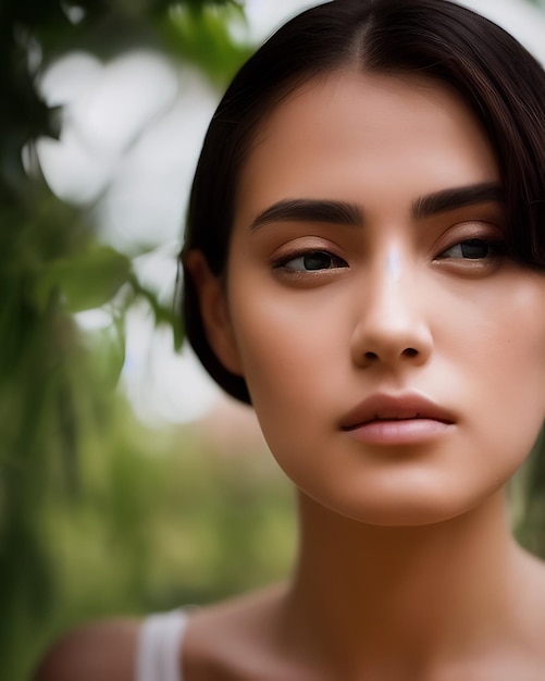 A woman with dark eyebrows and a green top