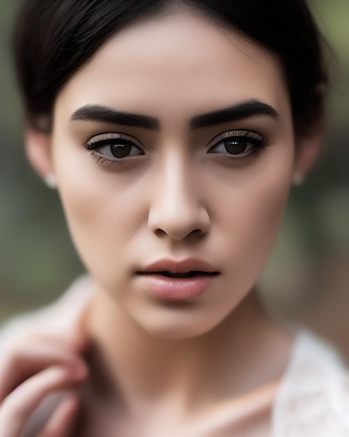 A woman with dark eyebrows and a white shirt