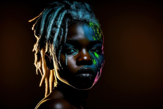 A woman with a dark face painted with neon colors