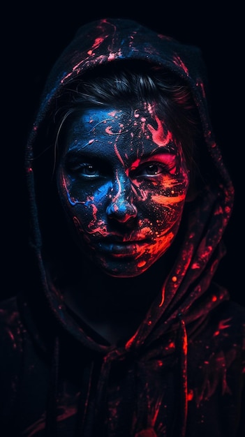 A woman with a dark face and a red and blue paint on her face.