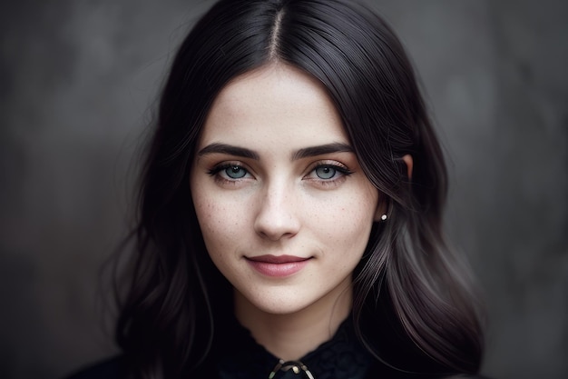 A woman with dark hair and a black dress with freckles and a black shirt.