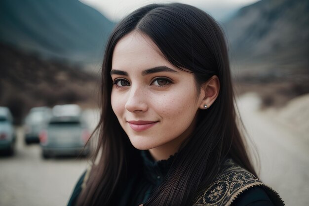 A woman with dark hair and a black top stands in front of a mountain.