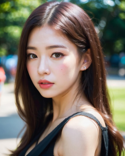 A woman with dark hair and a black top stands in a park.