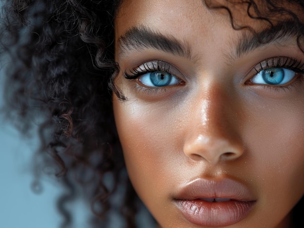 Woman with dark hair and blue eyes is shown with close up of her face