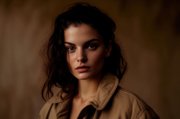 A woman with dark hair and a brown jacket stands in front of a brown background.