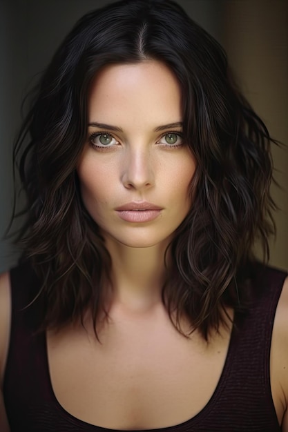 a woman with dark hair and green eyes