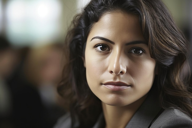 A woman with dark hair and a grey suit looks into the camera.