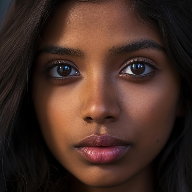 A woman with dark hair and a light brown eyes looks into the camera.