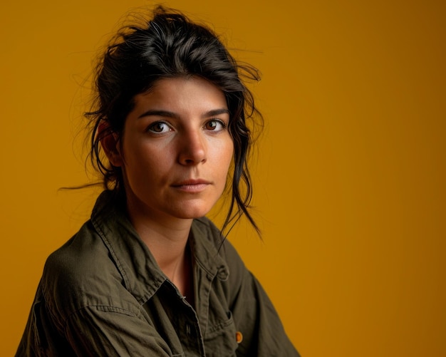 Photo a woman with dark hair and olive green shirt sitting in front of a yellow background