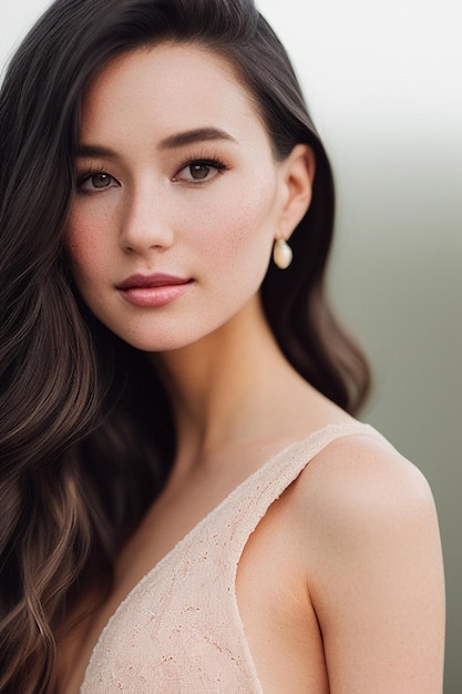 Photo a woman with dark hair and a pink lipstick