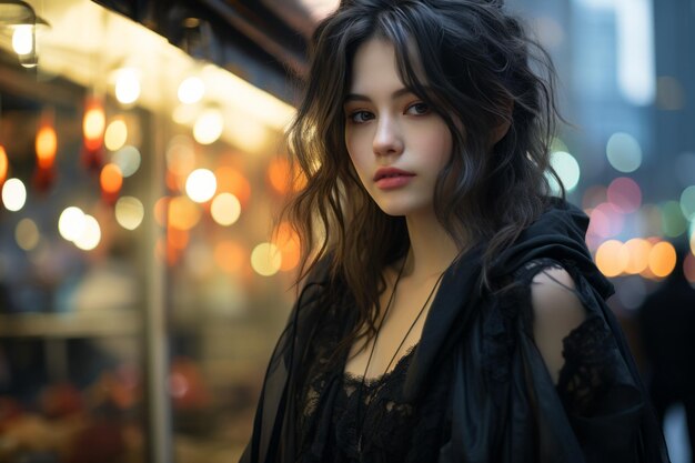 a woman with dark hair standing in front of a store