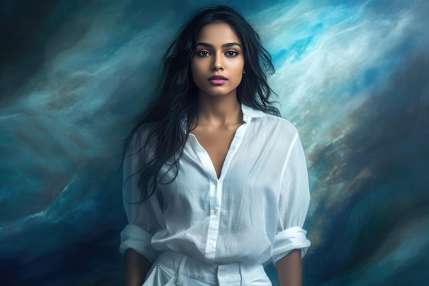 A woman with dark hair wearing a white shirt possibly a model or actress poses against a moody blue background