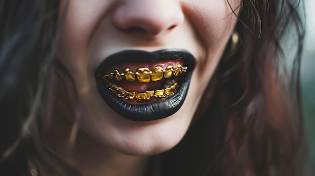 Woman with Dark Lipstick and Gold Grill shiny gold grillz