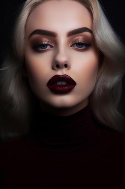 A woman with dark makeup and red lips with a dark background