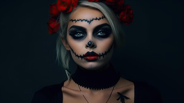 Женщина с темным макияжем и красными розами в волосах носит черную кошачью краску на лицо, чтобы сделать для Хэллоуина