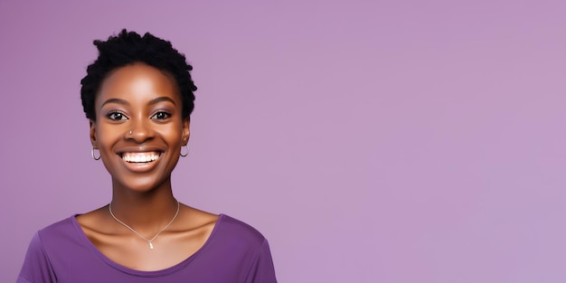 Woman with dark skin and short hair on violet bg with copy space for cosmetic beauty dentistry