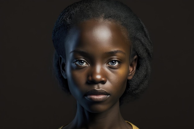 A woman with a dark skin and a yellow shirt is looking at the camera.